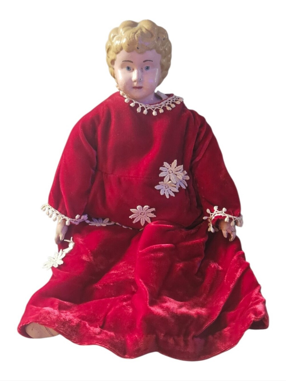 Antique 15" German Minerva Doll Tin Head Feet Hands Red Velvet Dress Cloth Body